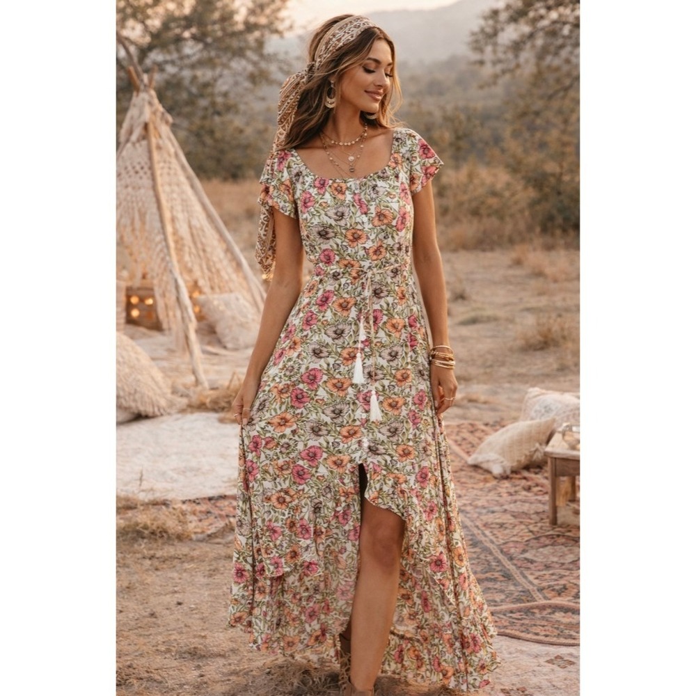 ATL ABEL‎ THE LABEL Floral High Low Maxi Dress Pink Poppy Ruffled Bohemian XS